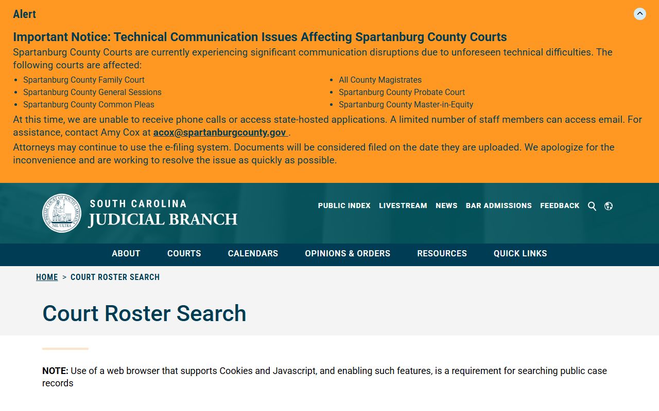 Allendale County Court records roster search page