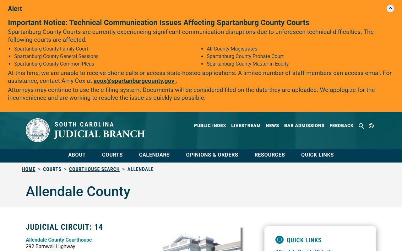 Allendale County Court records SC Judicial Branch courthouse page