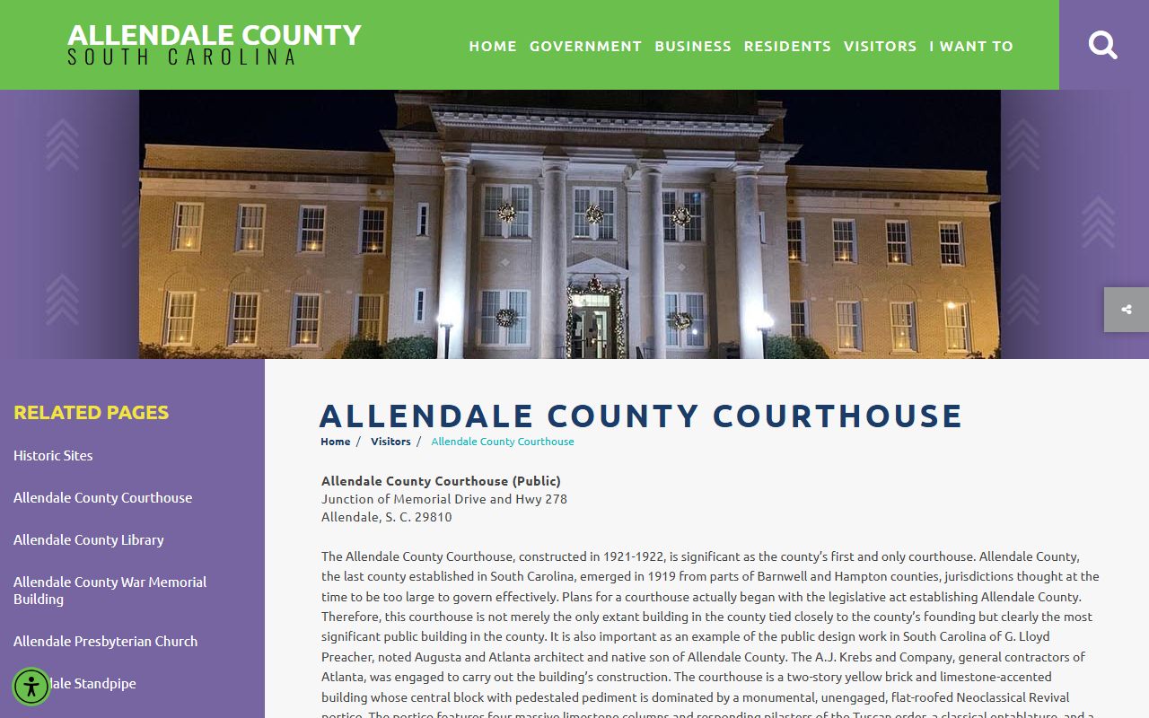 Allendale County Court records courthouse history page