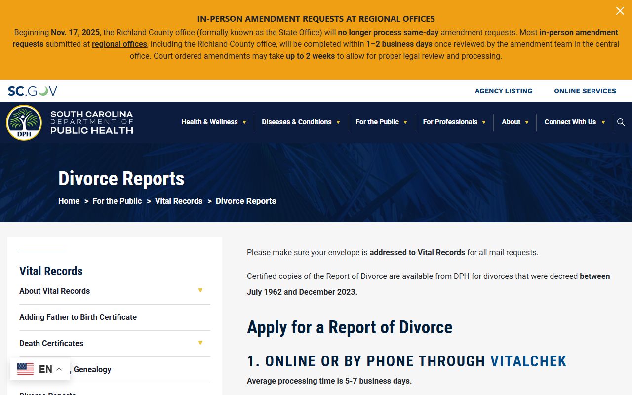 Allendale County divorce records South Carolina DPH divorce reports