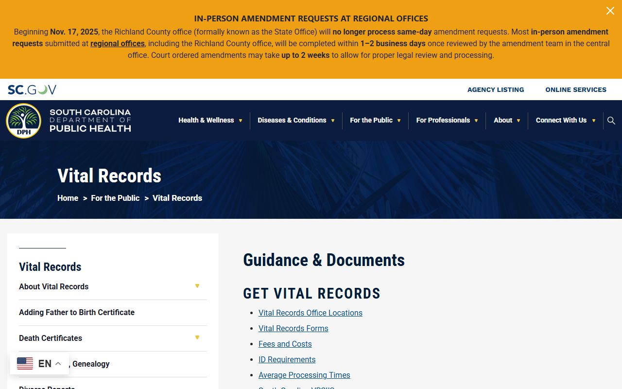 Allendale County marriage and divorce records South Carolina DPH vital records page