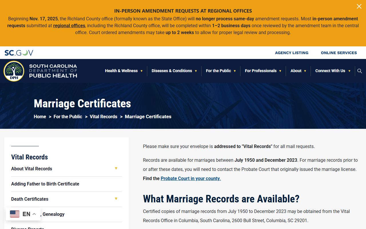 Allendale County marriage records DPH marriage certificate requirements
