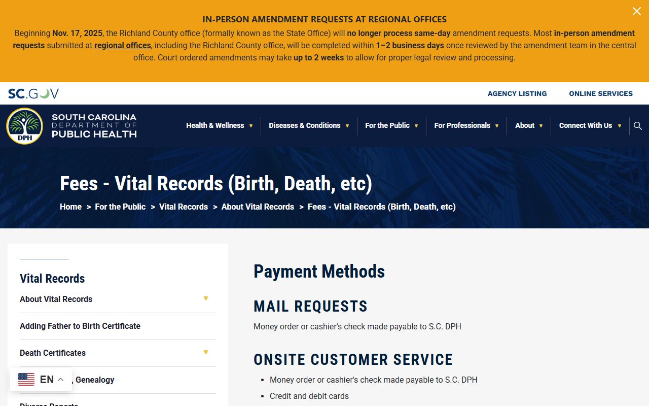Allendale County marriage and divorce records DPH fee schedule