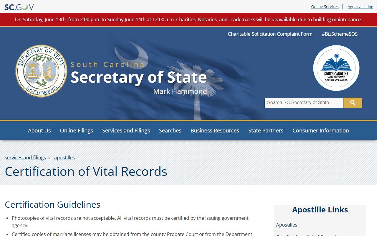 Allendale County marriage records Secretary of State certified vital record guidance