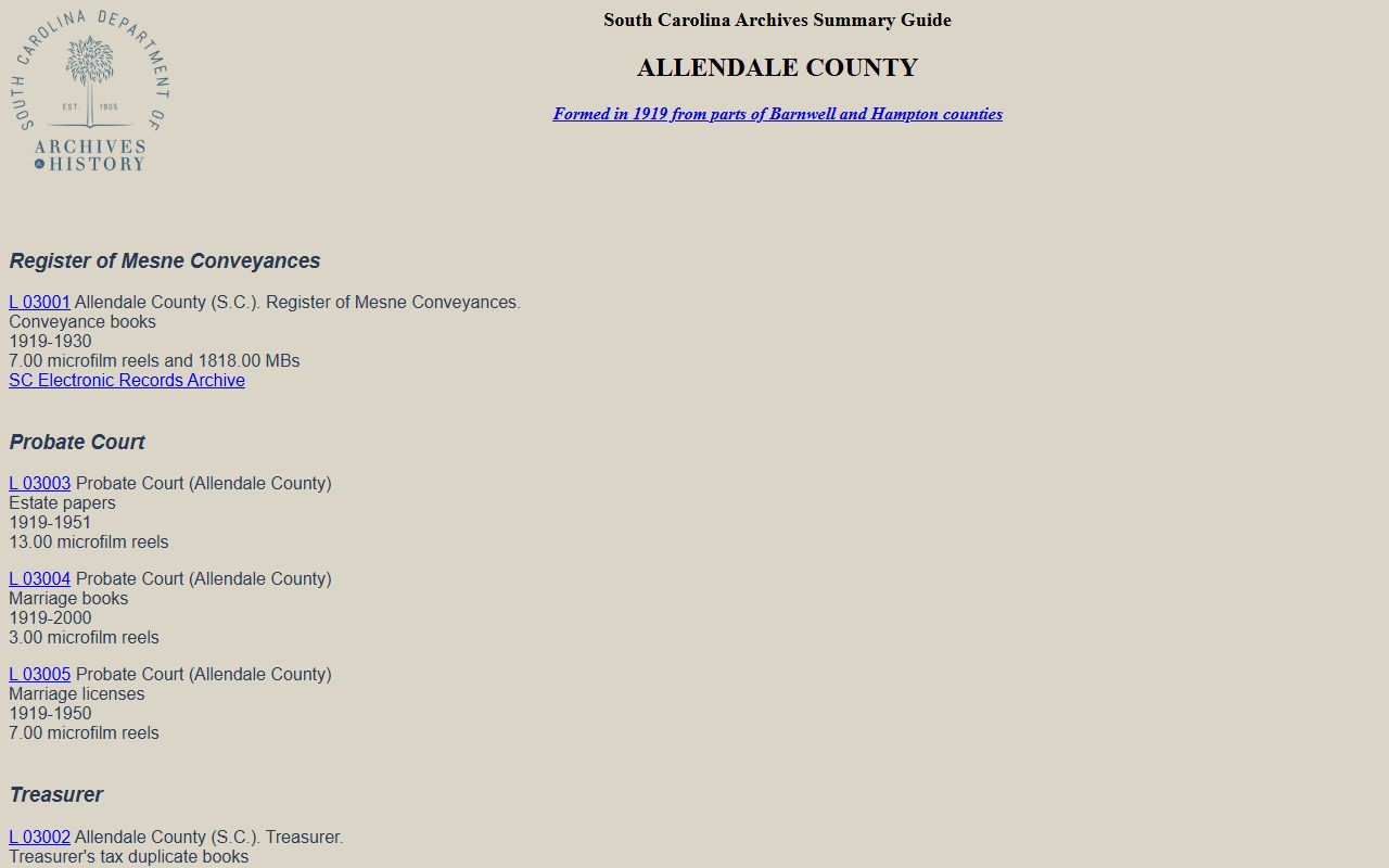 Allendale County probate records South Carolina Archives county records guide